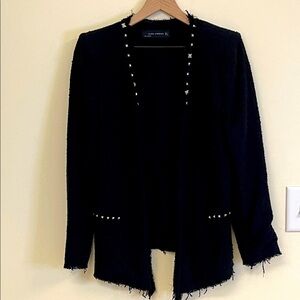 Zara Woman Black Tweed Blazer with Stud Detail Women’s L Rocker Edge Longline